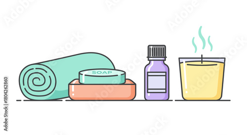 A minimalist illustration showcases a soothing collection of bath and self-care items, featuring a soft towel, aromatic soaps, and a calming lit candle.