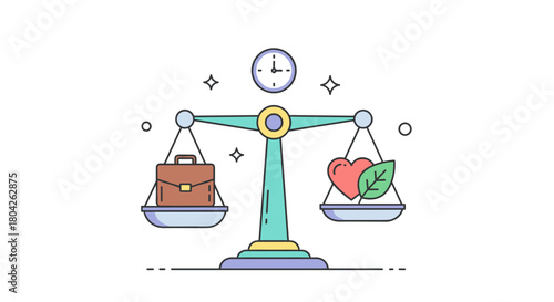 This modern flat vector illustration depicts the delicate equilibrium between professional career demands and personal well-being, emphasizing time management.