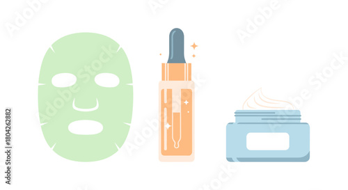 A modern, flat illustration featuring essential skincare products: a refreshing sheet mask, a potent serum dropper bottle, and a luxurious moisturizing cream.