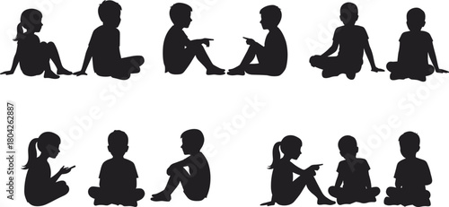 Silhouette of children sitting and talking together, vector illustration of kids communication, friendship and teamwork concept for education and social connection design