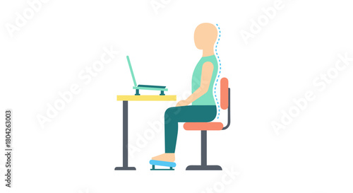 An illustrative depiction of a person maintaining optimal ergonomic posture while working at a desk with a laptop, emphasizing health and comfort.