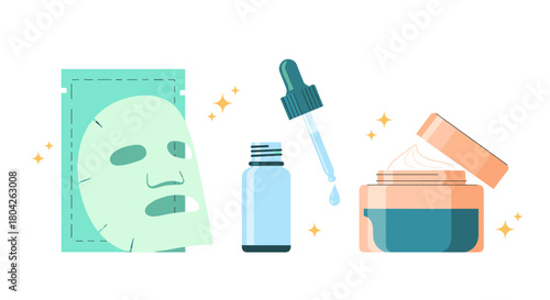 This modern, minimal vector illustration showcases a collection of essential skincare products for a complete and rejuvenating beauty regimen.