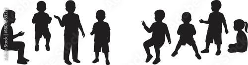 Silhouette of children standing and sitting together, vector illustration showing kids communication, friendship, teamwork, and social interaction concept for education and learning design