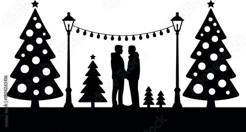 Silhouette of couple with christmas trees and streetlights