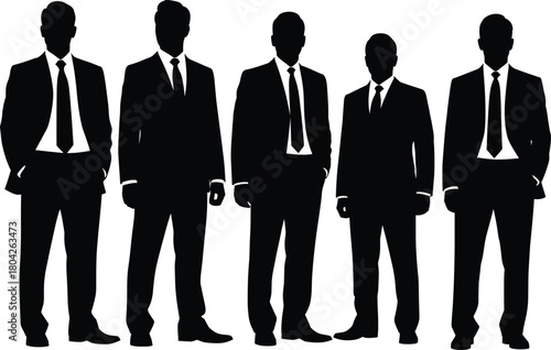 Silhouette of confident businessmen in formal suits standing together, teamwork unity and leadership concept, corporate people professional vector illustration design background