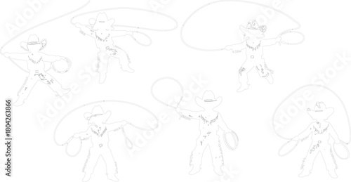 Silhouette of cowboy performing lasso tricks in multiple energetic poses, western rodeo performer swinging rope dynamically with style and strength on white background, vector illustration