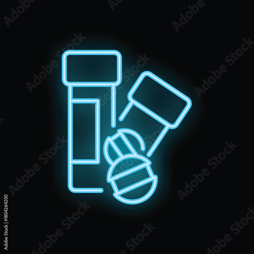 Glowing neon sign of a medicine bottle falling down with pills spilling out on a black background