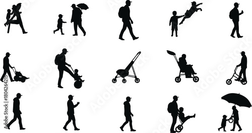 Silhouette of father and child in various activities, walking, playing, and pushing stroller, family love, parenting, and outdoor lifestyle vector illustration.