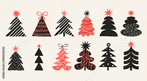Vintage hand drawn Christmas trees collection 