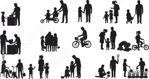 Silhouette of family activities with parents and children playing, gardening, walking, cycling, and spending quality time together, parenting love and care concept illustration.
