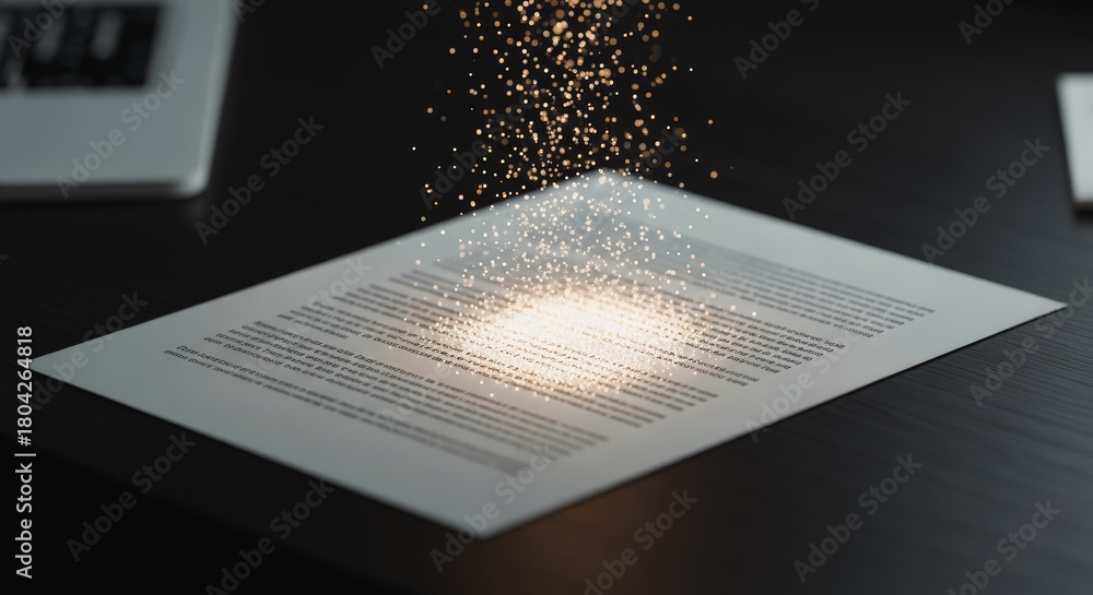 Fototapeta premium Glowing particles forming on a document on a desk