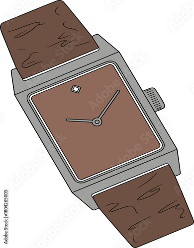 Vintage rectangular wristwatch vector illustration, classic timepiece with brown leather strap, stylish fashion accessory graphic design element
