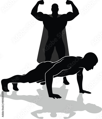 Man doing push ups with superhero shadow motivation illustration
