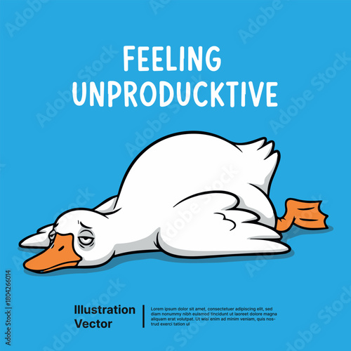 A cartoon illustration of a tired white duck lying on its stomach with its head resting on the blue background, indicating a feeling of unproductivity