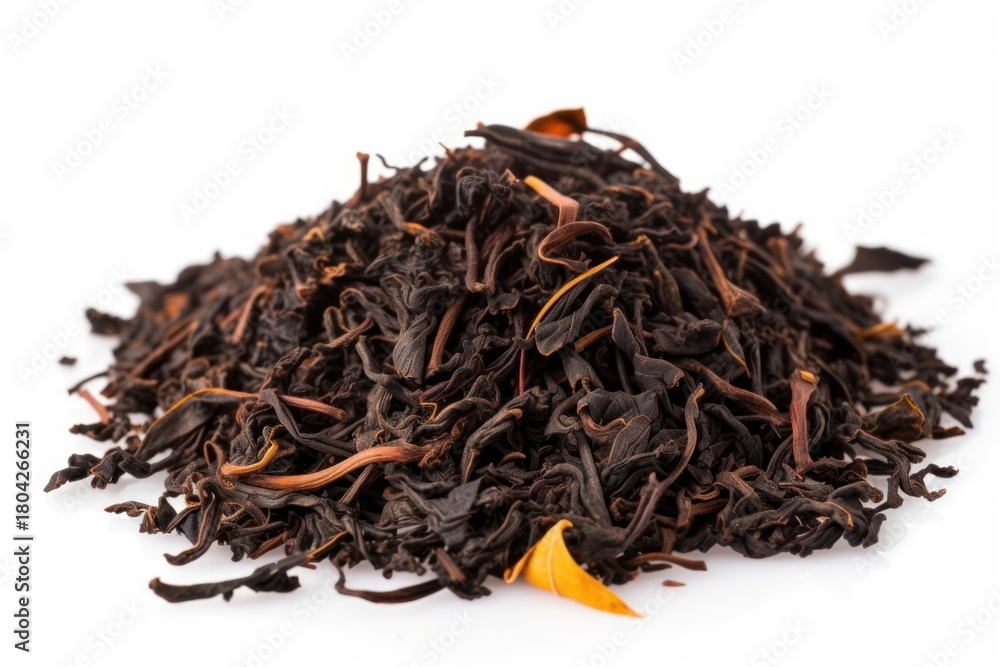 Fototapeta premium Black tea leaves pile drink white background ingredient.