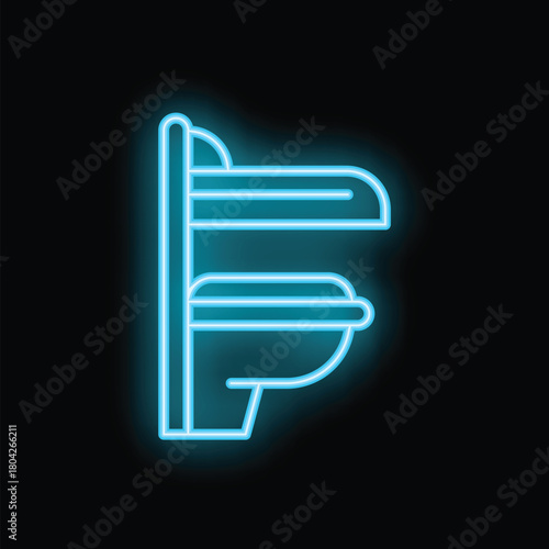 Bright, glowing blue neon icon of a solarium, tanning bed or sunbed on black background