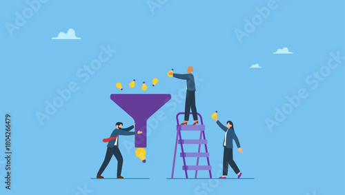 Diverse business people help put small lightbulb in funnel to get final idea. Idea funnel, brainstorm to get solution or final idea, creativity, innovation or imagination to create inspiring solution.