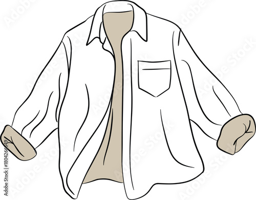 Casual button-down shirt with rolled sleeves vector illustration, open outerwear line art graphic, relaxed clothing design element
