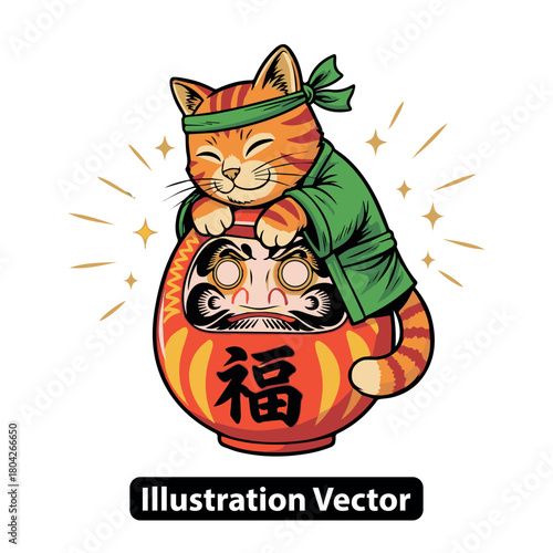 Adorable kawaii cat in traditional Japanese clothing with a good fortune Daruma doll illustration