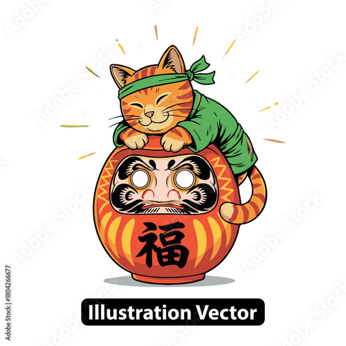 Cheerful cat wearing a green headband, resting on a Daruma doll, vector illustration