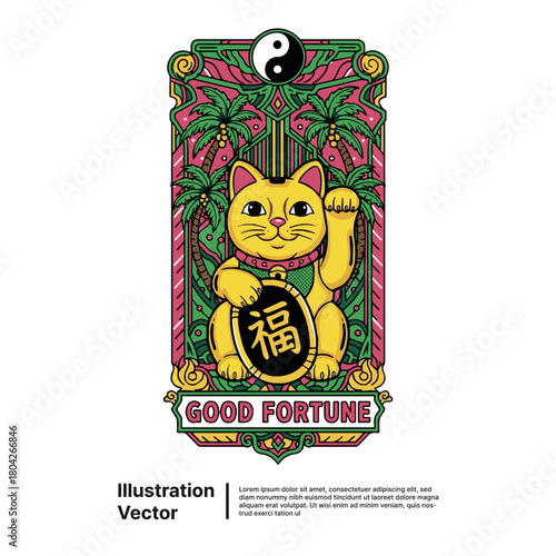 Lucky Cat Design for Good Fortune, Japanese Symbol, Waving Hand Illustration