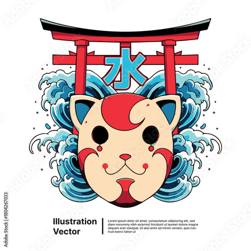 Japanese mask with water torii gate illustration for fashion or cultural designs