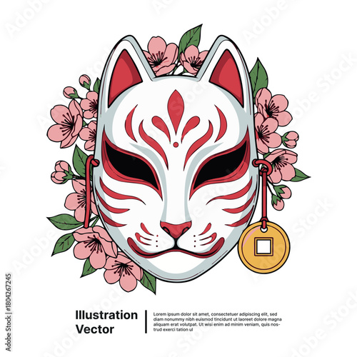 Traditional Japanese Kitsune Mask Adorned With Cherry Blossoms and Coin Illustration