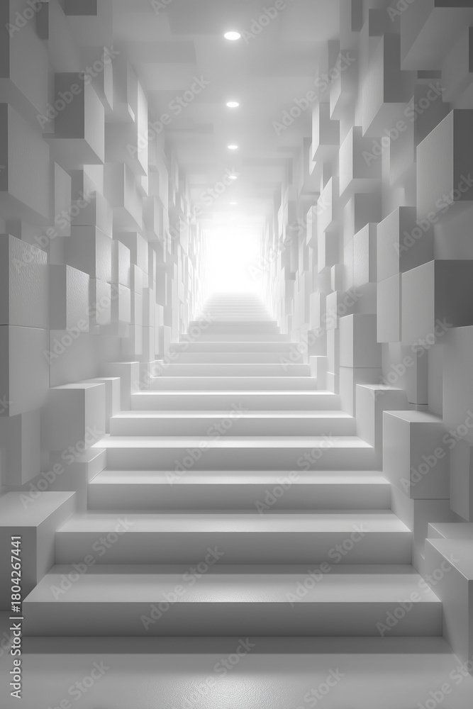 Obraz premium Bright White Abstract Staircase Leading To Light Future Success Path Architectural Design Concept
