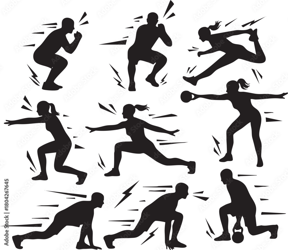 Obraz premium Dynamic fitness workout silhouettes with kettlebell and bodyweight exercises