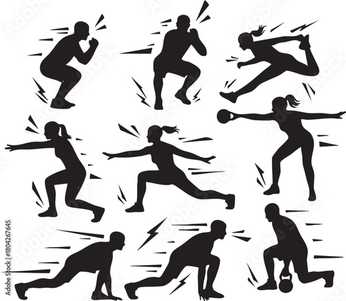 Dynamic fitness workout silhouettes with kettlebell and bodyweight exercises