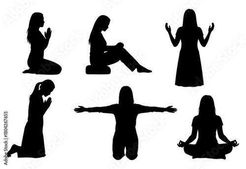 Set of women's silhouettes in prayer, meditation, and worship poses