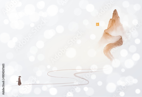 Japanese minimalist vector in sumi-e style with a samurai walking on a winding path toward a mountain, with soft bokeh background. Hieroglyph – eternity.