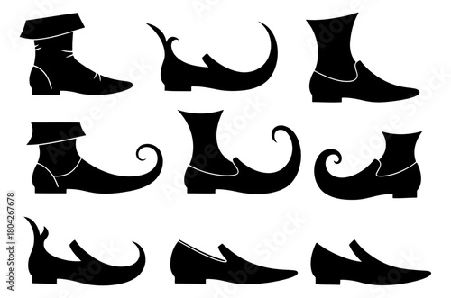 Set of black fantasy shoe silhouettes including medieval boots and pointed elf shoes