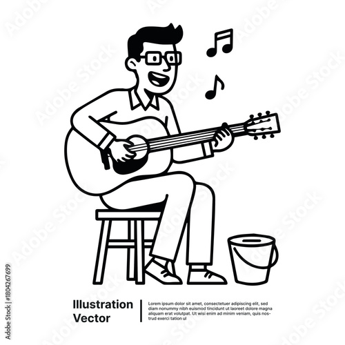 Guitarist playing music for donations, vector illustration, on white background