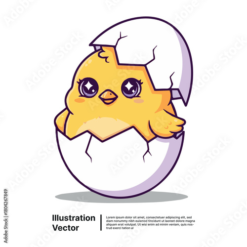 Adorable yellow chick with sparkling eyes happily hatching from a white eggshell, symbolizing new beginnings and spring