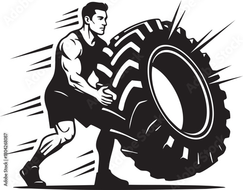 Muscular athlete flipping tire in gym workout illustration