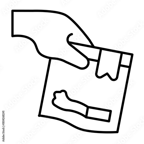 Bag with evidence in hand thin line icon, police force concept. Vector graphics. Evidence bag with cigarette, investigation sign on white background, style icon mobile or web design.