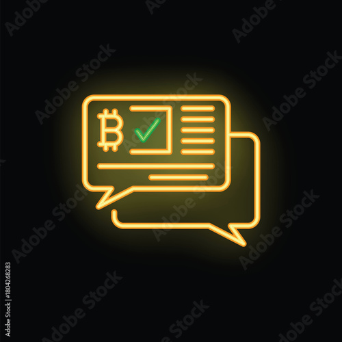 Neon glowing symbol of bitcoin transaction receipt being discussed in speech bubbles