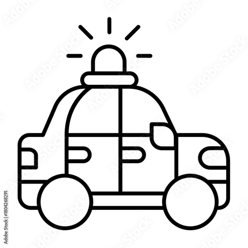 Police car thin line icon, police force concept. Vector graphics. Patrol vehicle with siren lamp, transport sign on white background, style icon mobile or web design.