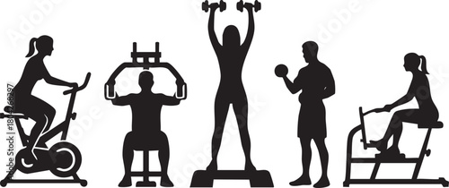 Silhouettes of People Exercising with Gym Equipment and Weights