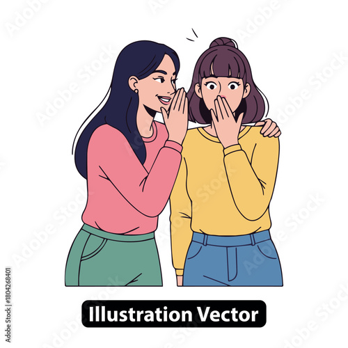 Young women sharing a secret, whispering gossip to each other in a private moment with surprise