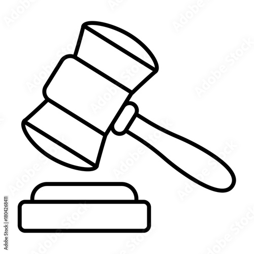 Judge gavel and wooden board thin line icon, jurisprudence concept. Vector graphics. Wooden hammer, justice sign on white background, style icon mobile or web design.