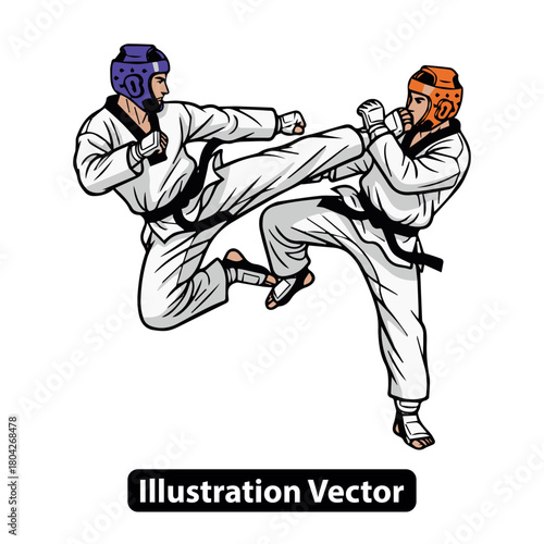 Martial Arts Showdown Dynamic Illustration of Taekwondo Fighters in Action with Detailed Movement
