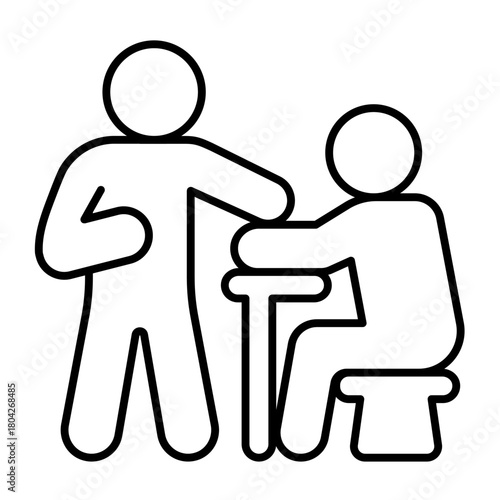 Investigator with suspect man thin line icon, police force concept. Vector graphics. Man standing at desk, chair with human sign on white background, style icon mobile or web design.