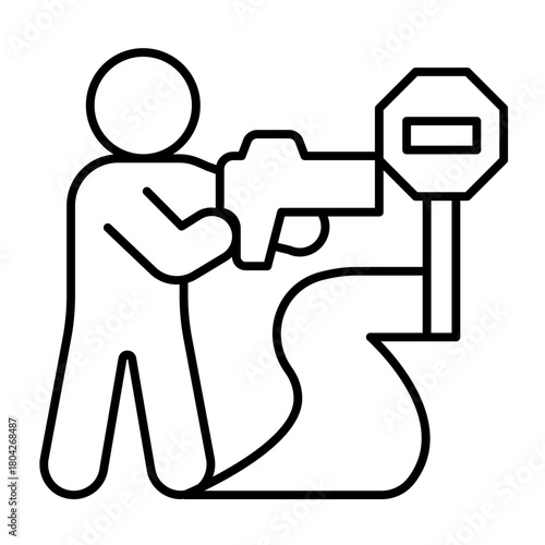 Patrolman and speed measuring radar thin line icon, police force concept. Vector graphics. Police man at road with signpost sign on white background, style icon mobile or web design.