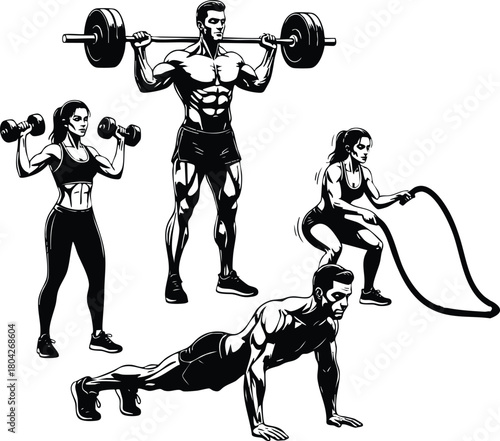 Gym workout illustration with men and women training