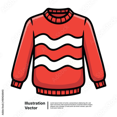 Warm red pullover sweater with a white wavy pattern design. Cozy knitted winter jumper vector illustration