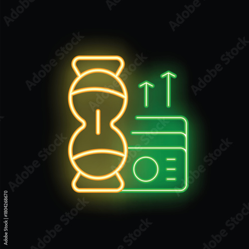 Neon sign showing a kettlebell with increasing arrows over a credit card, symbolizing rising gym costs