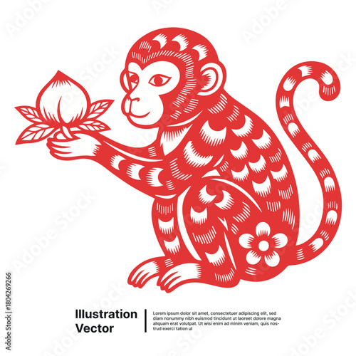 Red paper-cut illustration of a Chinese zodiac monkey holding a traditional longevity peach
