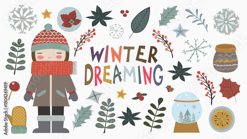 A cheerful winter character design featuring a dreaming figure perfect for holiday themes seasonal illustrations and festive graphic elements